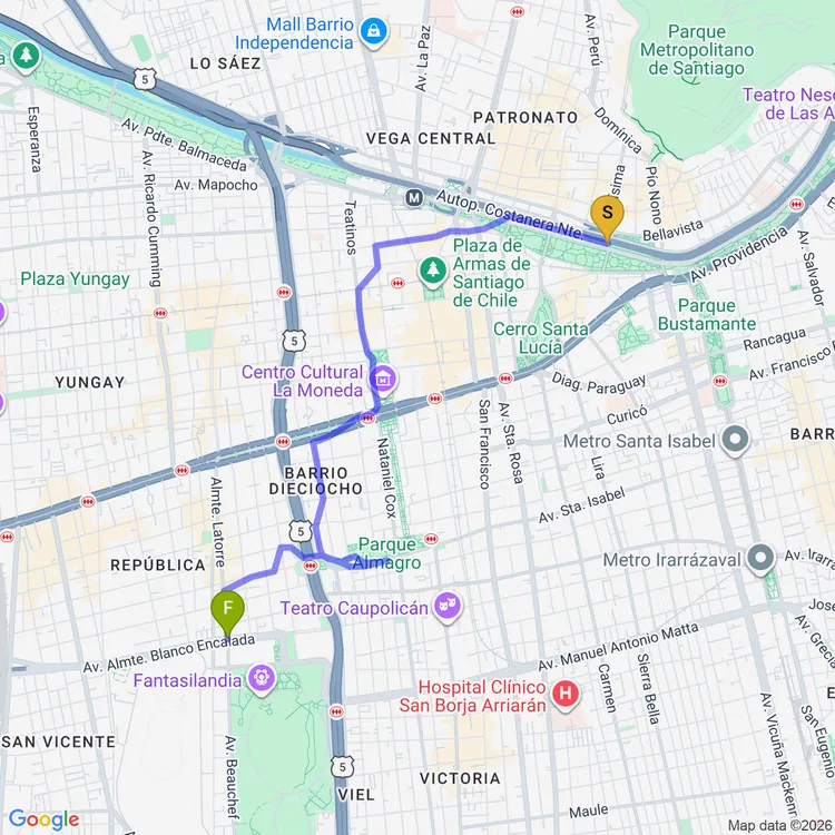 Mapa de Centro a Parque O'Higgins