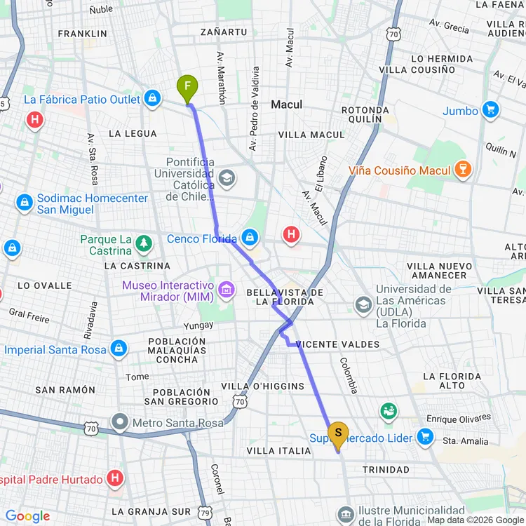 Mapa de De Biblioteca Municipal de La Florida a Plaza Doctor Pedro Flores Zepeda