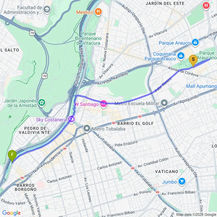 Mapa de De Bikesantiago a Mirador Atardecer