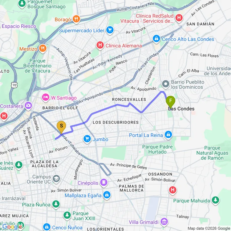 Mapa de De Cerro Navidad a Parque Los Dominicos
