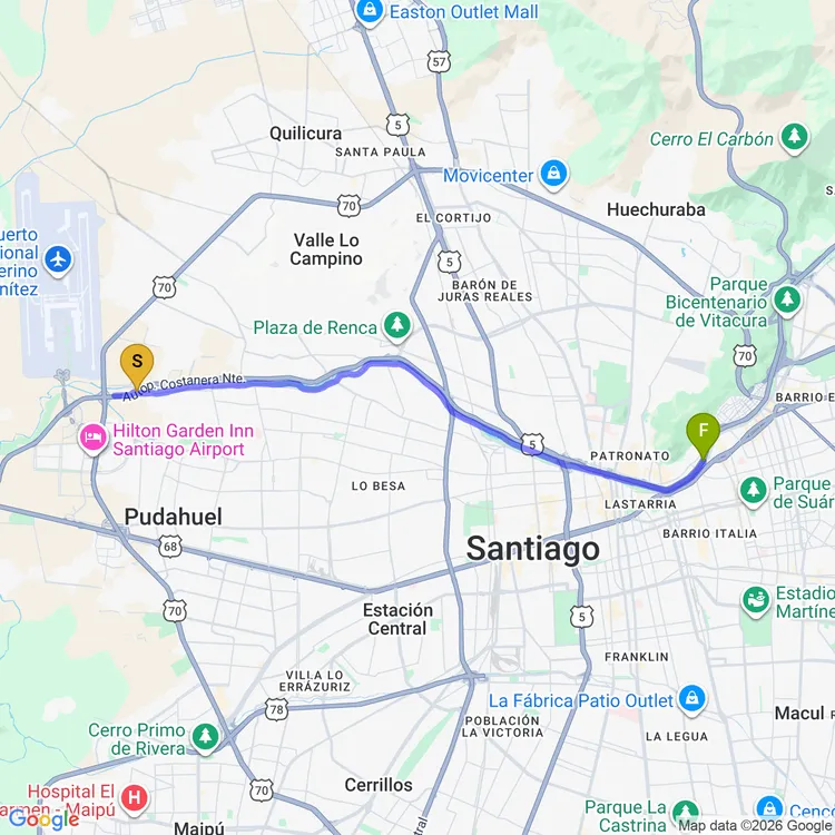 Mapa de De Cerro Santa Lucía a Mirador Jardín Japonés