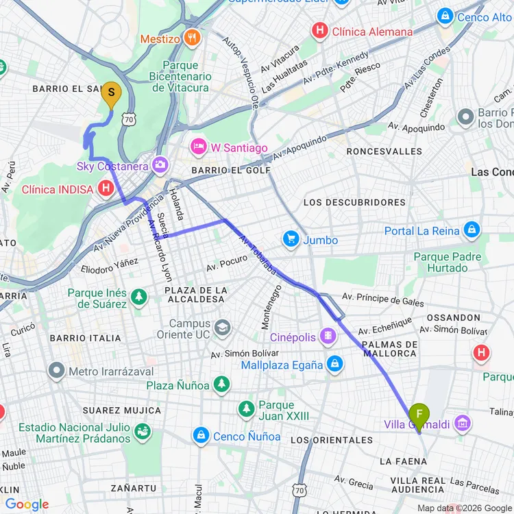 Mapa de De Mirador Atardecer a Plaza Egaña