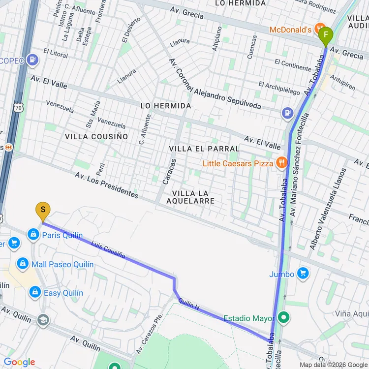 Mapa de De Parque Avenida Quilin a Parque Violeta Cousiño