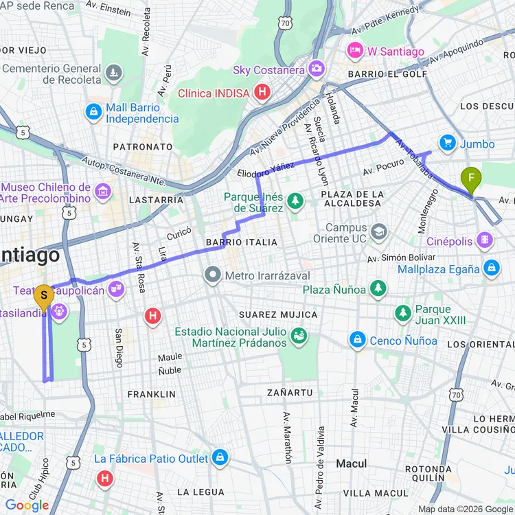 Mapa de De Parque Central Alameda Bernardo O'Higgins a Parque Canal San Carlos