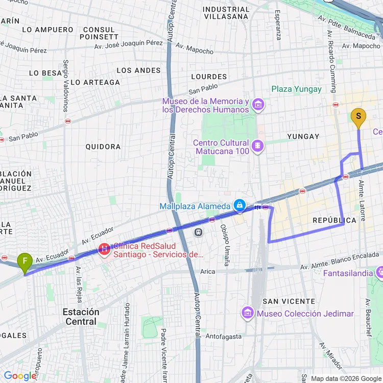 Mapa de De Parque Central Alameda Bernardo O'Higgins a Parque del Cristo