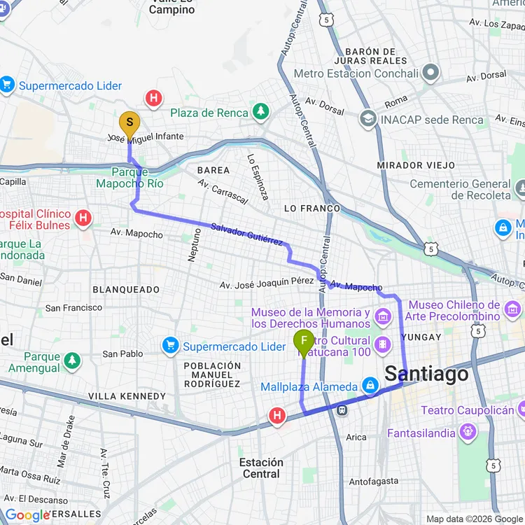 Mapa de De Parque de la Alegría a Parque Portales