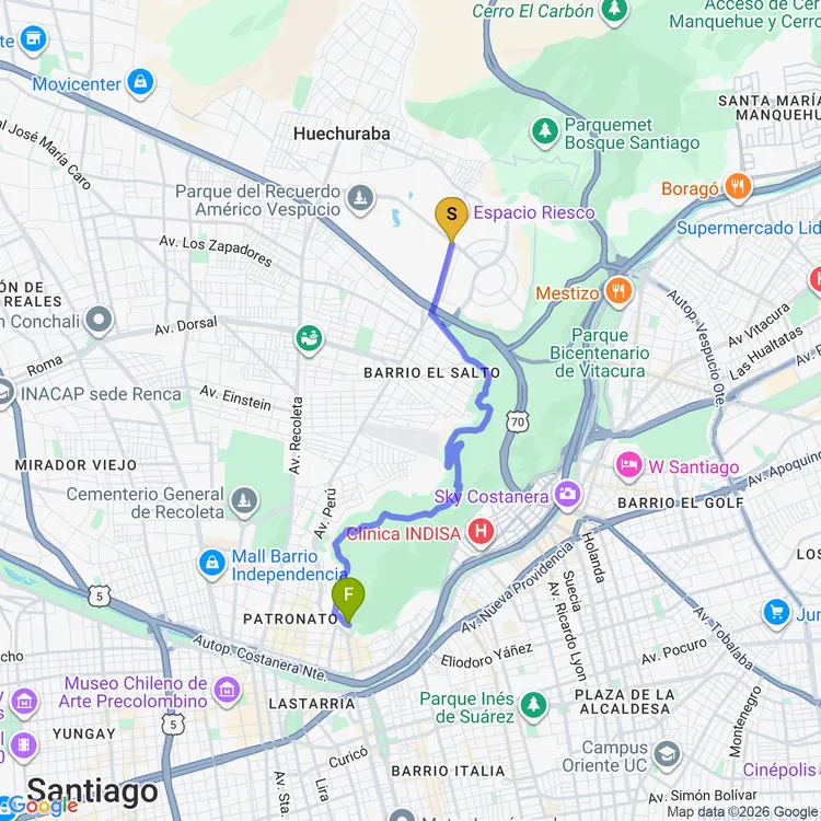 Mapa de De Parque del Recuerdo a Plaza Peñihue