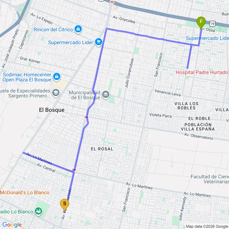 Mapa de De Parque Derechos Humanos a Plaza del Pueblo Leonor Manquel Cumian
