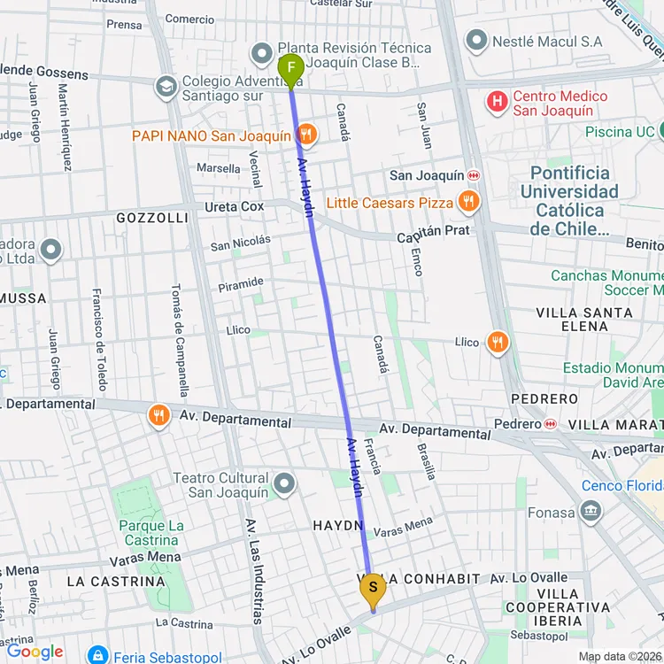 Mapa de De Parque Intercomunal Victor Jara a Parque Llano Subercaseaux