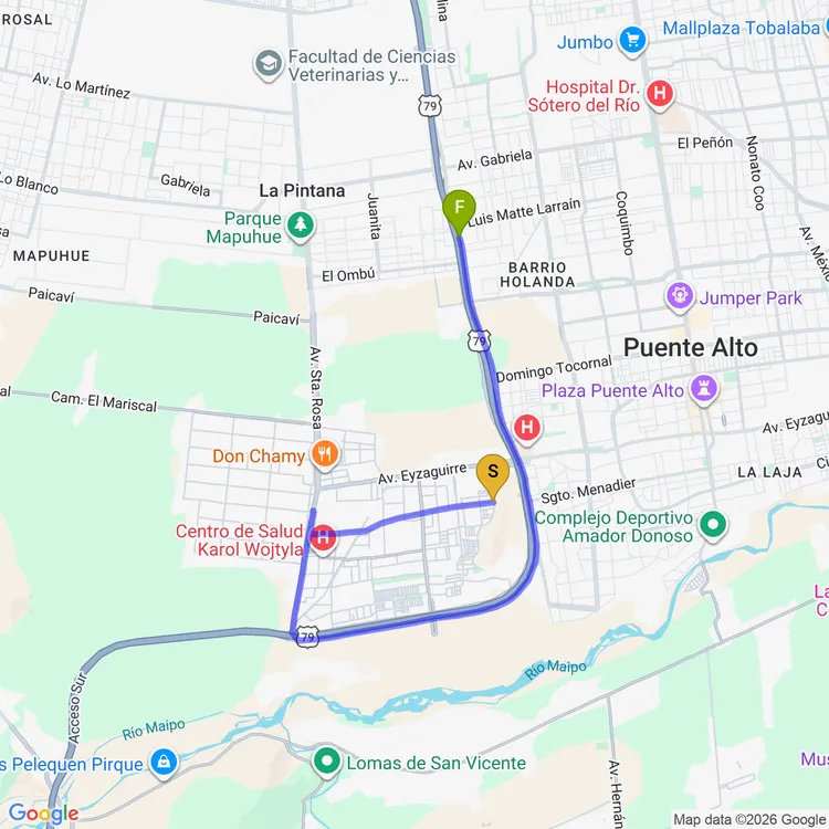 Mapa de De Parque Juan Pablo II a Plaza Villa La Primavera
