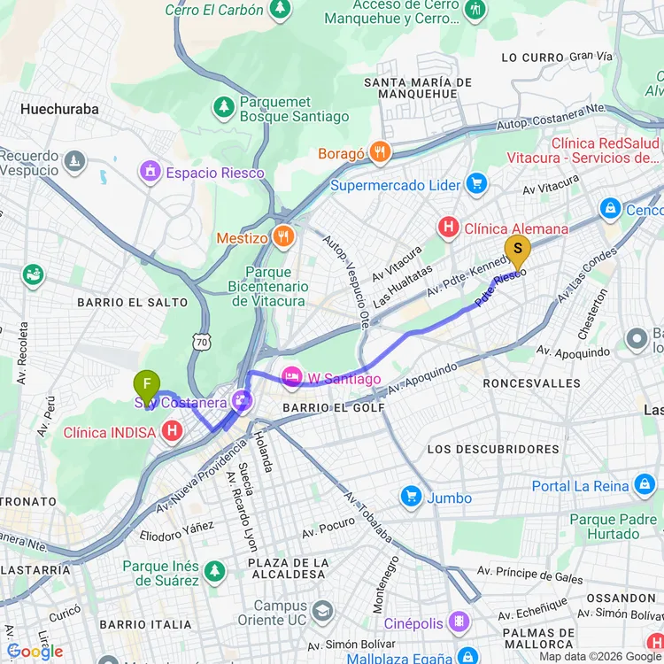 Mapa de De Parque Los Dominicos a Mirador Atardecer