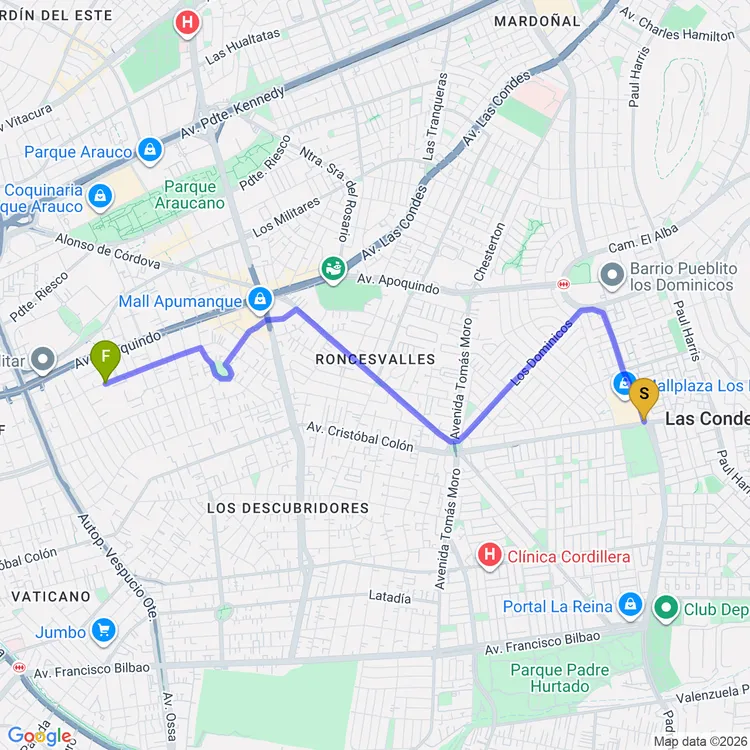 Mapa de De Parque Los Dominicos a Plaza Combate de La Concepción