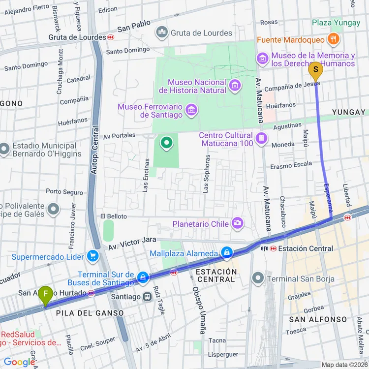 Mapa de De Parque Portales a Parque Central Alameda Bernardo O'Higgins