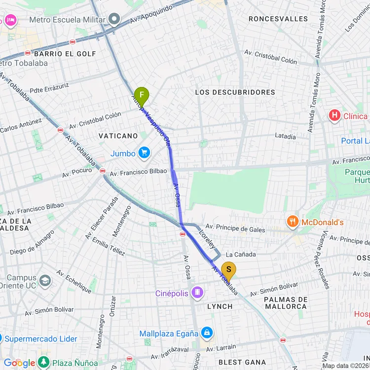 Mapa de De Parque Tobalaba - Canal San Carlos a Parque Canal San Carlos