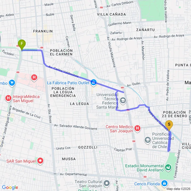 Mapa de De Parque Universitario a Parque Intercomunal Victor Jara