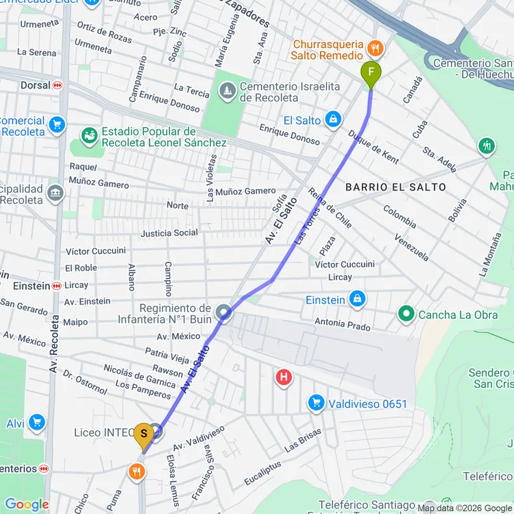 Mapa de De Parque Urbano Bicentenario de la Infancia a Plaza El Salto