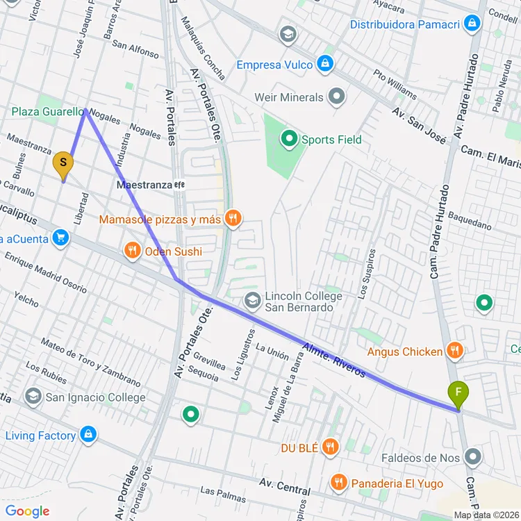 Mapa de De Plaza Ángel Guarello a Plaza Coraceros 2