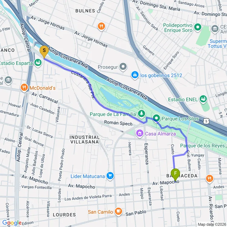 Mapa de De Plaza Bernardo O'Higgins a Plaza Panamá