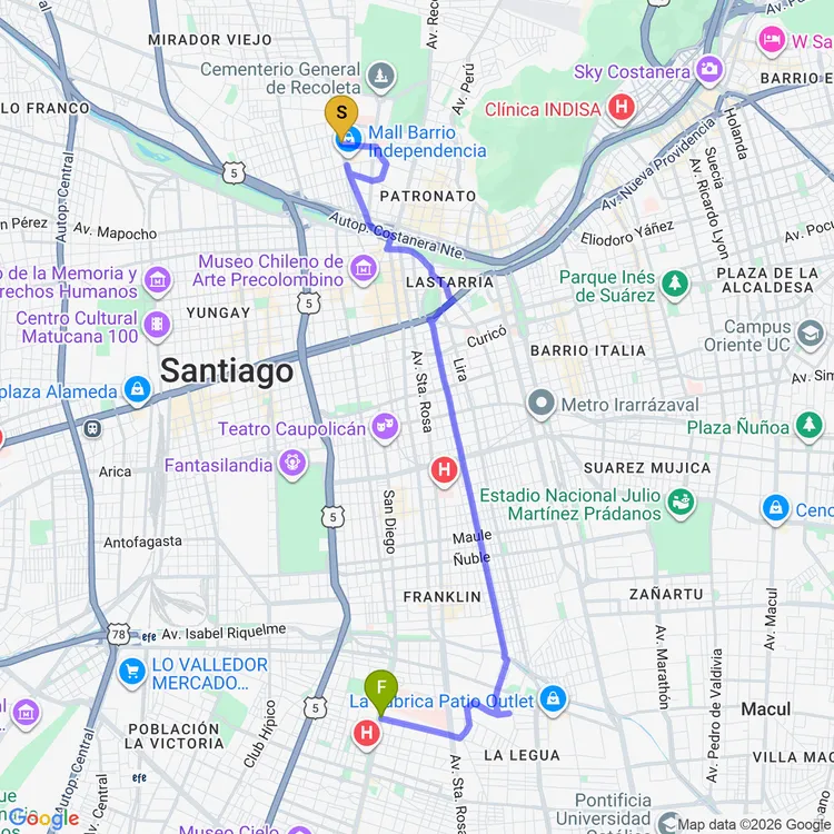 Mapa de De Plaza Blest Gana a Parque Intercomunal Victor Jara
