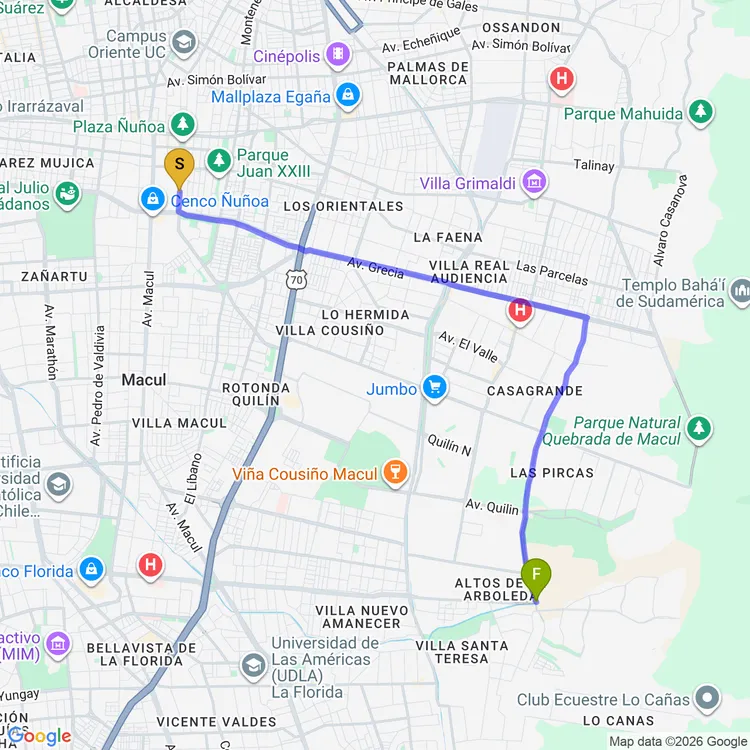 Mapa de De Plaza Calama a Plaza Alto Macul