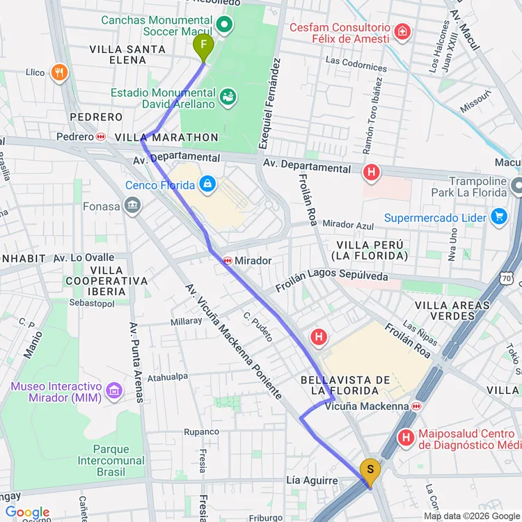 Mapa de De Plaza Cívica de La Florida a Plaza Doctor Pedro Flores Zepeda