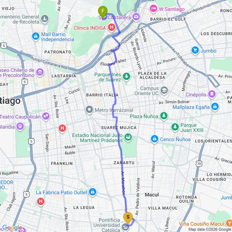 Mapa de De Plaza de la Paz a Mirador Atardecer