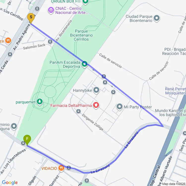 Mapa de De Plaza Gabriela Mistral a Parque Autopista Central