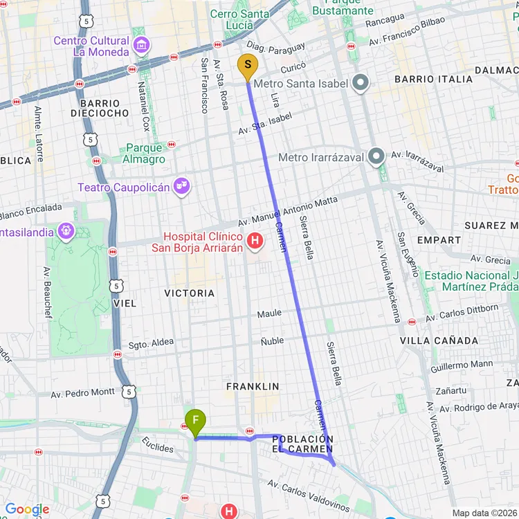 Mapa de De Plaza Gazitúa a Parque Intercomunal Victor Jara