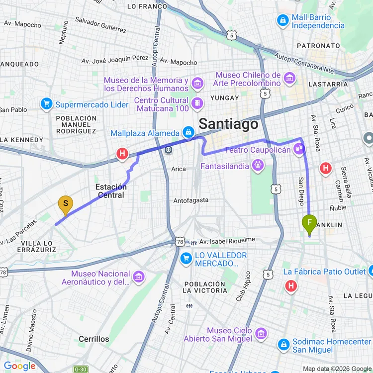 Mapa de De Plaza Gente Feliz a Parque Intercomunal Victor Jara