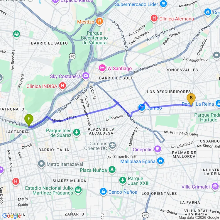 Mapa de De Plaza Juan Pablo II a Parque Gómez Rojas