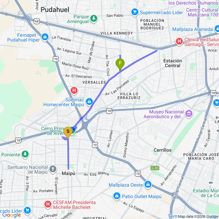 Mapa de De Plaza Monumento Maipú a Parque del Cristo