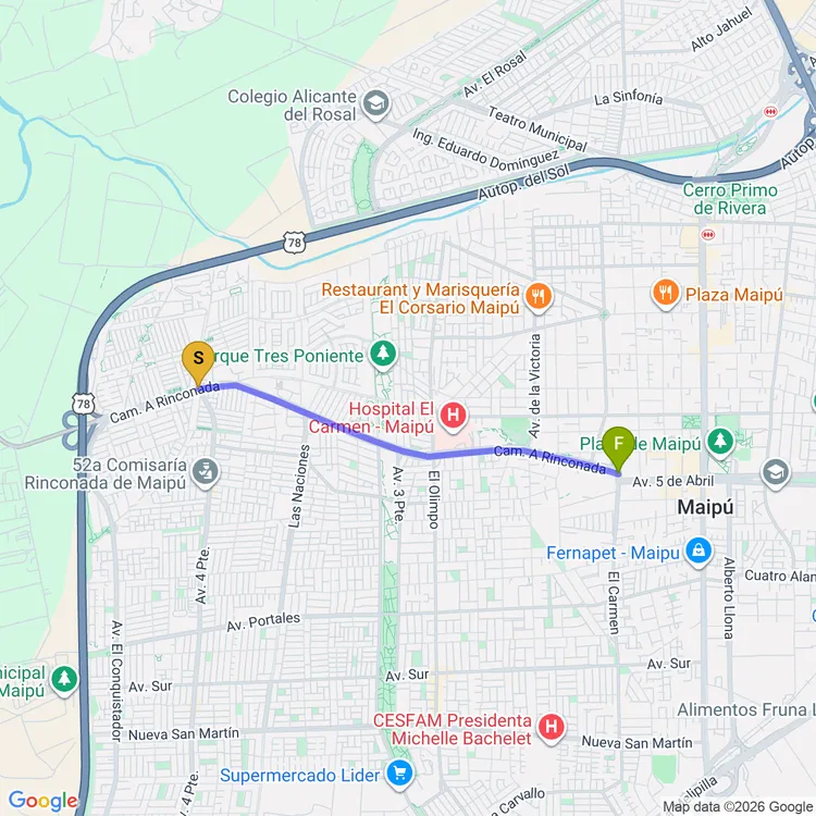 Mapa de De Plaza Monumento Maipú a Plaza Alex Núñez