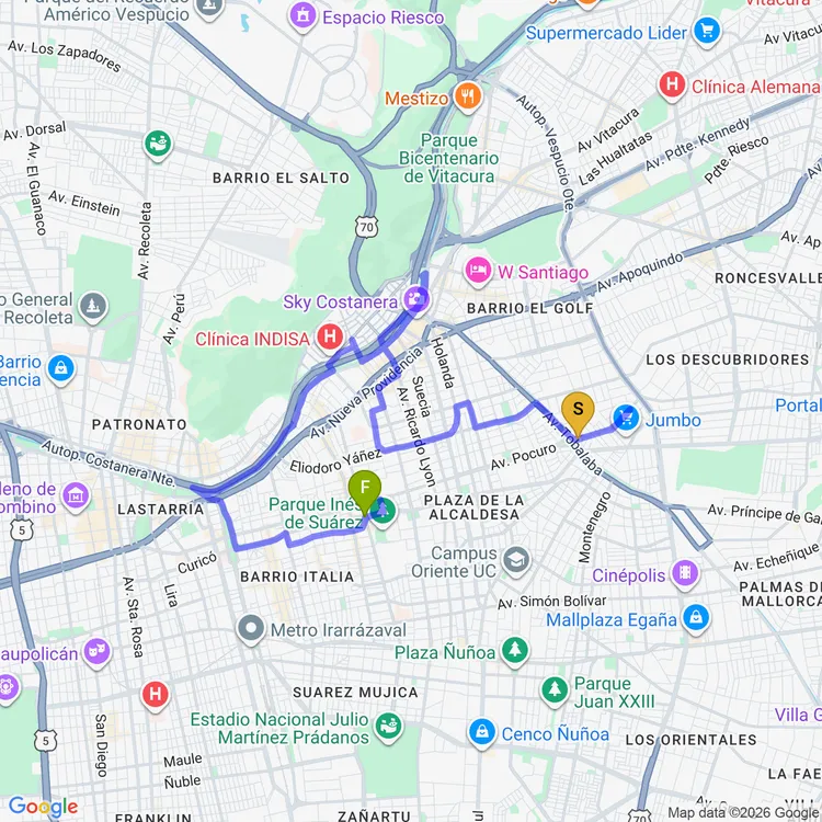 Mapa de Pocuro a Parque Forestal